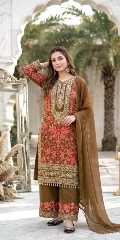 KF 1729 Brown Diamond Georgette Salwar Suit with Sequins Work & Embroidery Work. Introductory Price ₹2399. Delivery 4-6 Working Days. Shop now. | Jump Suits, Salwar suit, Casual Suits, Creative suits, Designer Suits, Palazzo Suits, Party Wear Suits, Patiala Suits, Straight Suits