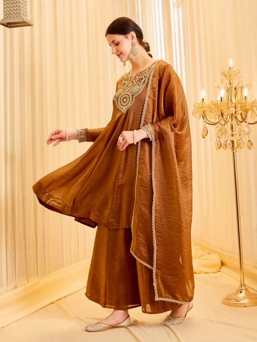 KF 1727 Brown Fandy Silk Salwar Suit Perfect for Wedding, Party, Family Gatherings, Onam, Engagement – . Affordable Price ₹1849. Delivery 4-6 Working Da | Jump Suits, Salwar suit, Casual Suits, Creative suits, Designer Suits, Palazzo Suits, Party Wear Suits, Patiala Suits, Straight Suits