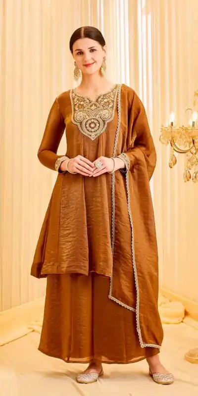 KF 1727 Brown Fandy Silk Salwar Suit Perfect for Wedding, Party, Family Gatherings, Onam, Engagement – . Affordable Price ₹1849. Delivery 4-6 Working Da | Jump Suits, Salwar suit, Casual Suits, Creative suits, Designer Suits, Palazzo Suits, Party Wear Suits, Patiala Suits, Straight Suits