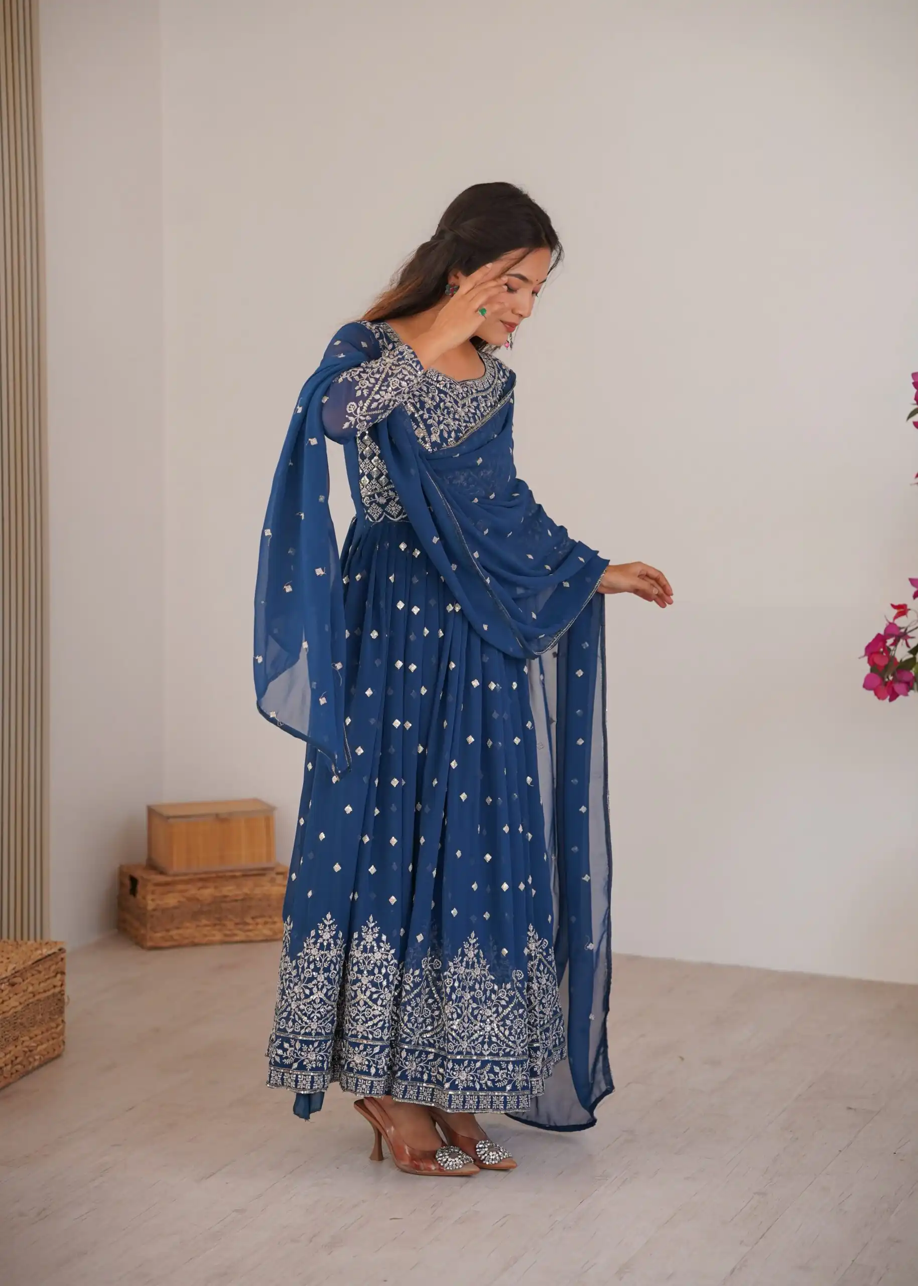 SP 81 Navy Blue| Faux Georgette Salwar Suit with Lace Work & Digital Print. Introductory Price ₹2449. Delivery 4-6 Working Days. Shop now. | Anarkali Suits, Bollywood Anarkali, Creative-Anarkali, Designer Anarkali, Embroidered Anarkali, Party Wear Anarkali, Salwar suit