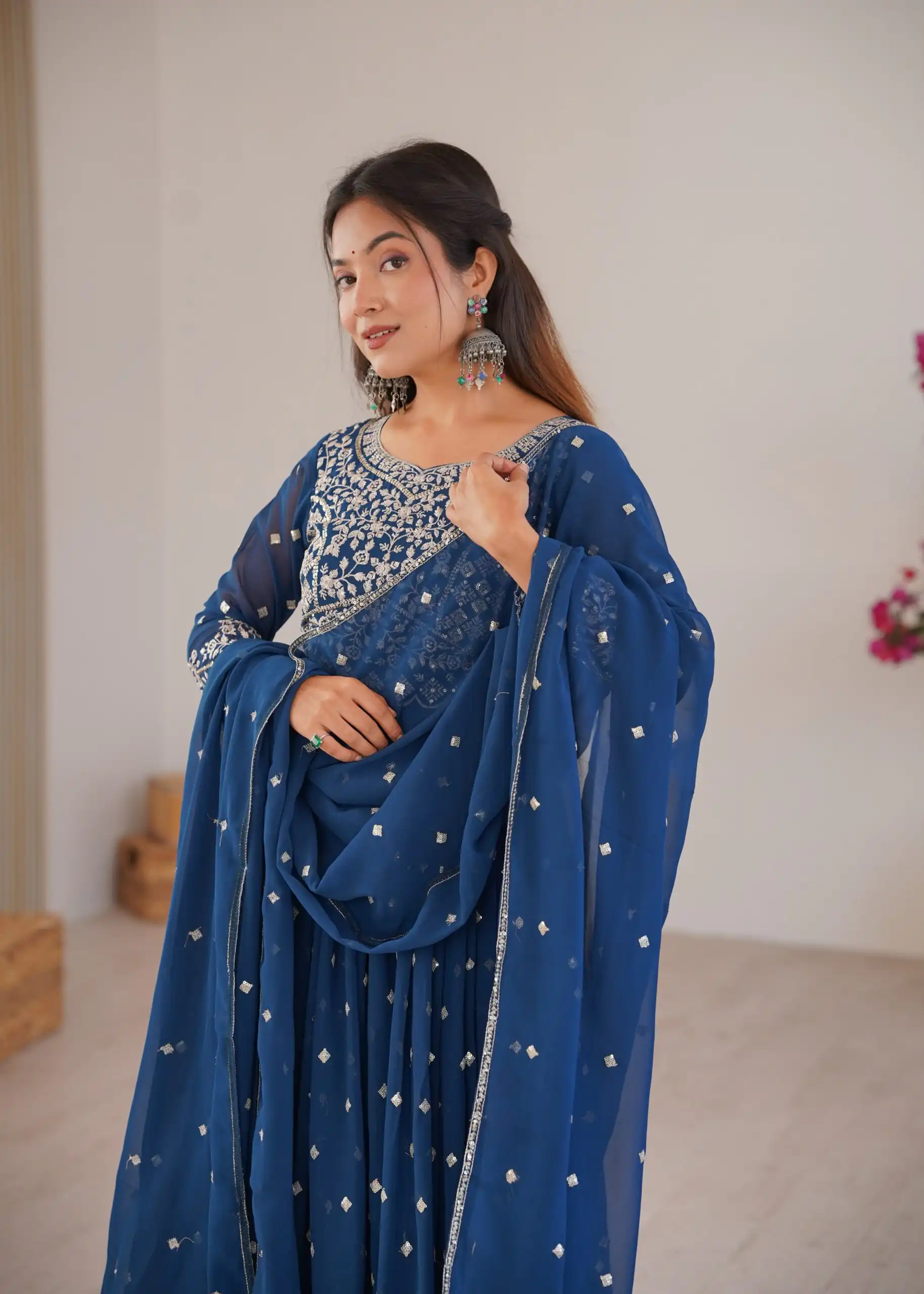 SP 81 Navy Blue| Faux Georgette Salwar Suit with Lace Work & Digital Print. Introductory Price ₹2449. Delivery 4-6 Working Days. Shop now. | Anarkali Suits, Bollywood Anarkali, Creative-Anarkali, Designer Anarkali, Embroidered Anarkali, Party Wear Anarkali, Salwar suit