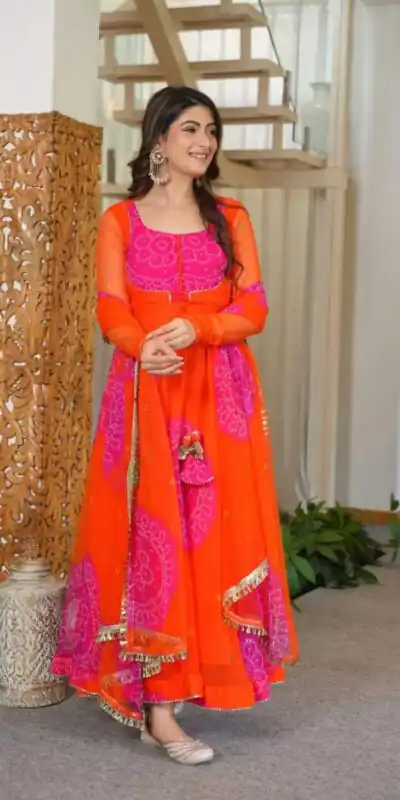 KD 1635 Orange | Orange Faux Georgette Salwar Suit with Lace Work & Digital Print. Introductory Price ₹2399. Delivery 4-6 Working Days. Shop now. | Anarkali Suits, Bollywood Anarkali, Creative-Anarkali, Designer Anarkali, Embroidered Anarkali, Party Wear Anarkali, Salwar suit