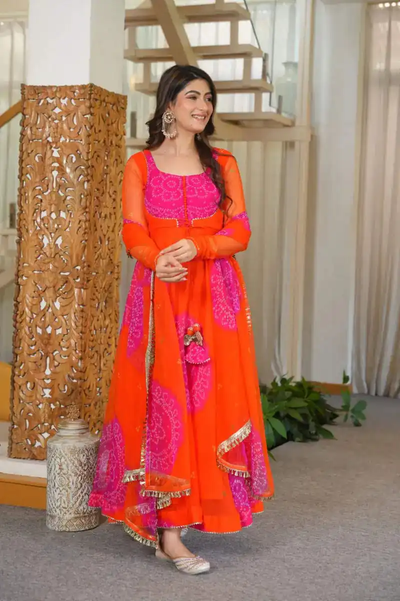 KD 1635 Orange | Orange Faux Georgette Salwar Suit with Lace Work & Digital Print. Introductory Price ₹2399. Delivery 4-6 Working Days. Shop now. | Anarkali Suits, Bollywood Anarkali, Creative-Anarkali, Designer Anarkali, Embroidered Anarkali, Party Wear Anarkali, Salwar suit