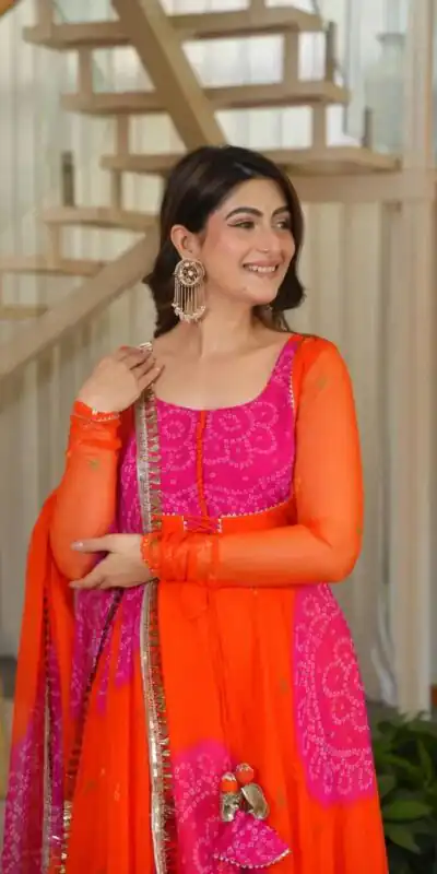 KD 1635 Orange | Orange Faux Georgette Salwar Suit with Lace Work & Digital Print. Introductory Price ₹2399. Delivery 4-6 Working Days. Shop now. | Anarkali Suits, Bollywood Anarkali, Creative-Anarkali, Designer Anarkali, Embroidered Anarkali, Party Wear Anarkali, Salwar suit