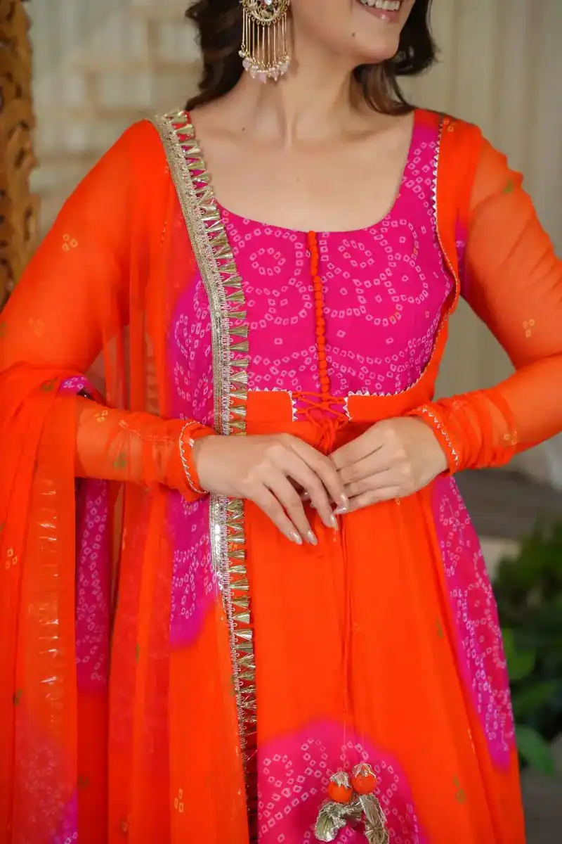 KD 1635 Orange | Orange Faux Georgette Salwar Suit with Lace Work & Digital Print. Introductory Price ₹2399. Delivery 4-6 Working Days. Shop now. | Anarkali Suits, Bollywood Anarkali, Creative-Anarkali, Designer Anarkali, Embroidered Anarkali, Party Wear Anarkali, Salwar suit