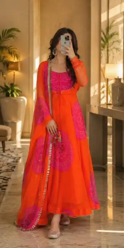KD 1635 Orange | Orange Faux Georgette Salwar Suit with Lace Work & Digital Print. Introductory Price ₹2399. Delivery 4-6 Working Days. Shop now. | Anarkali Suits, Bollywood Anarkali, Creative-Anarkali, Designer Anarkali, Embroidered Anarkali, Party Wear Anarkali, Salwar suit