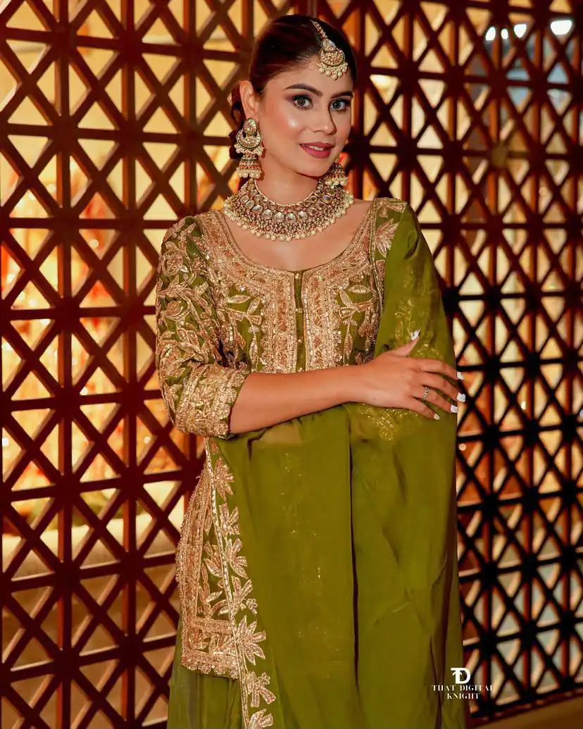 ZD 10095 Mehendi | Chinon Silk Salwar Suit with Sequins Work & Embroidery Work. Exclusive Offer ₹2449. Delivery 4-6 Working Days. Shop now. | Jump Suits, Salwar suit, Casual Suits, Creative suits, Designer Suits, Palazzo Suits, Party Wear Suits, Patiala Suits, Straight Suits