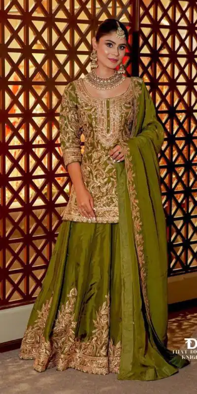 ZD 10095 Mehendi | Chinon Silk Salwar Suit with Sequins Work & Embroidery Work. Exclusive Offer ₹2449. Delivery 4-6 Working Days. Shop now. | Jump Suits, Salwar suit, Casual Suits, Creative suits, Designer Suits, Palazzo Suits, Party Wear Suits, Patiala Suits, Straight Suits