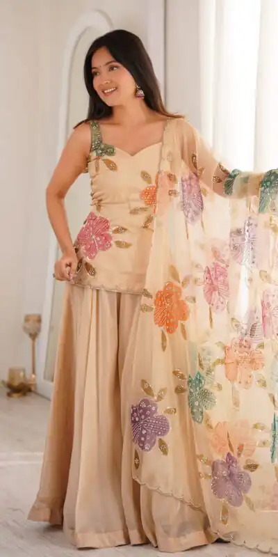 KD 1625 Chiku | Tabby Organza Silk Salwar Suit with Designer Work. Exclusive Offer ₹2099. Delivery 4-6 Working Days. Shop now. | Jump Suits, Salwar suit, Casual Suits, Creative suits, Designer Suits, Palazzo Suits, Party Wear Suits, Patiala Suits, Straight Suits