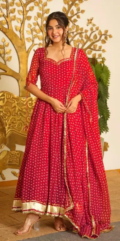 KD 1637 Red in Colour Faux Georgette Bandhani Print Work Gown. Available at ₹1999 only. Delivery 4-6 Working Days. Shop now. | Gowns, Bollywood Gowns, Creative Gowns, Designer Gowns, Embroidered Gowns, Party Wear Gowns