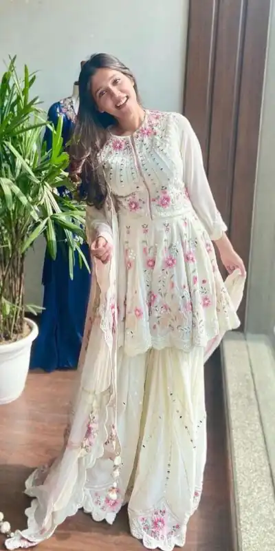 NSR 1238 White Top : Heavy Fox Georgette Sharara : Fox Georgette Work : Heavy Embroidery With Real Mirror Work Wedding, Party @1849 Only | Salwar suit, Casual Suits, Creative suits, Designer Suits, Palazzo Suits, Party Wear Suits, Straight Suits
