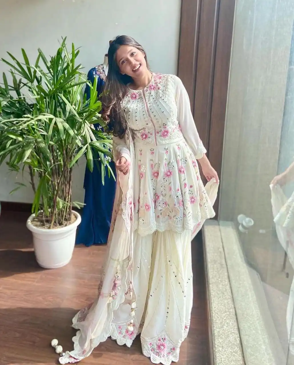 NSR 1238 White Top : Heavy Fox Georgette Sharara : Fox Georgette Work : Heavy Embroidery With Real Mirror Work Wedding, Party @1849 Only | Salwar suit, Casual Suits, Creative suits, Designer Suits, Palazzo Suits, Party Wear Suits, Straight Suits