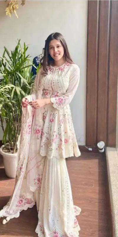 NSR 1238 White Top : Heavy Fox Georgette Sharara : Fox Georgette Work : Heavy Embroidery With Real Mirror Work Wedding, Party @1849 Only | Salwar suit, Casual Suits, Creative suits, Designer Suits, Palazzo Suits, Party Wear Suits, Straight Suits