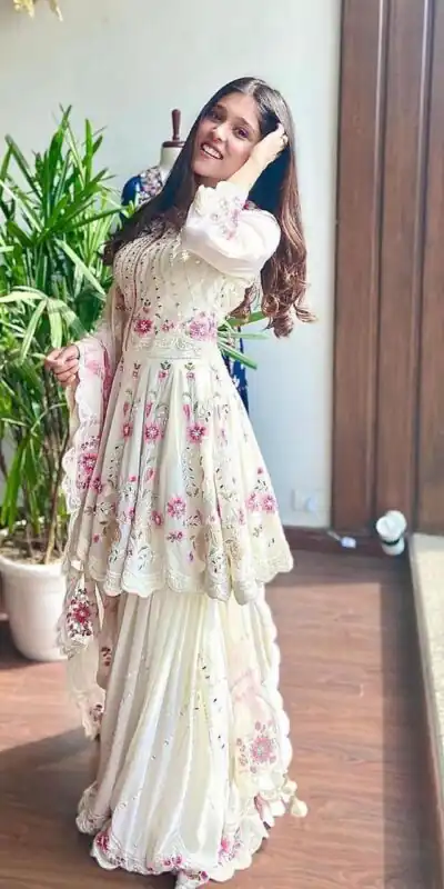 NSR 1238 White Top : Heavy Fox Georgette Sharara : Fox Georgette Work : Heavy Embroidery With Real Mirror Work Wedding, Party @1849 Only | Salwar suit, Casual Suits, Creative suits, Designer Suits, Palazzo Suits, Party Wear Suits, Straight Suits