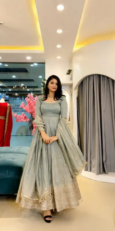 SSR 547 Grey in Crunchy Silk Embroidery Work & Lace Work Gown . Special Price ₹2399. Delivery 4-6 Working Days. Shop now. | Gowns, Bollywood Gowns, Creative Gowns, Designer Gowns, Embroidered Gowns, Party Wear Gowns