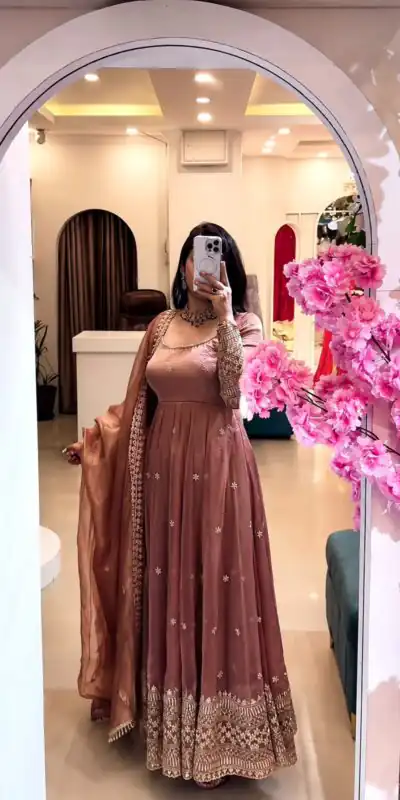 SSR 547 Peach in Crunchy Silk Embroidery Work & Lace Work Gown . Special Price ₹2399. Delivery 4-6 Working Days. Shop now. | Gowns, Bollywood Gowns, Creative Gowns, Designer Gowns, Embroidered Gowns, Party Wear Gowns