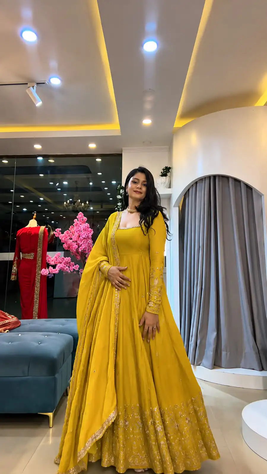SSR 544 Yellow in Crunchy Silk Embroidery Work & Lace Work Gown . Special Price ₹2399. Delivery 4-6 Working Days. Shop now. | Gowns, Bollywood Gowns, Creative Gowns, Designer Gowns, Embroidered Gowns, Party Wear Gowns