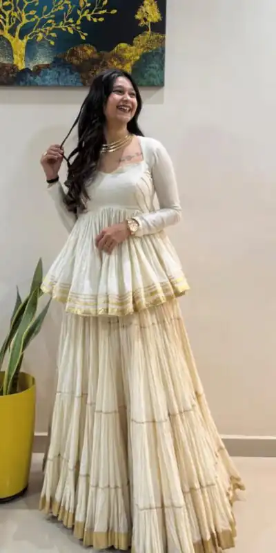 PC 586 White Color Pure Cotton Lehenga Choli with Cowrie Work. Festive Deal ₹2549. Delivery 4-6 Working Days. Online Shop now. | Lehenga, Bollywood Lehenga, Creative Lehenga, Designer Lehenga, Embroidered Lehenga, Party Wear Lehenga