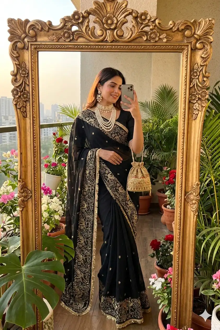 BT 446 Black Black Star Georgette Saree with Lace Work & Embroidery Work. Festive Deal ₹1799. Delivery 4-6 Working Days. Shop now. | Sarees, Bollywood Sarees, Creative Sarees, Designer Sarees, Embroidered Sarees, Ethnic Saree, Modern Digital sarees, Party Wear Sarees
