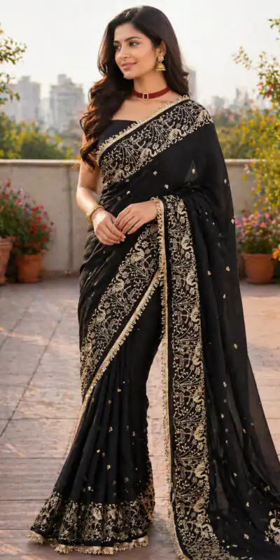 BT 446 Black Black Star Georgette Saree with Lace Work & Embroidery Work. Festive Deal ₹1799. Delivery 4-6 Working Days. Shop now. | Sarees, Bollywood Sarees, Creative Sarees, Designer Sarees, Embroidered Sarees, Ethnic Saree, Modern Digital sarees, Party Wear Sarees