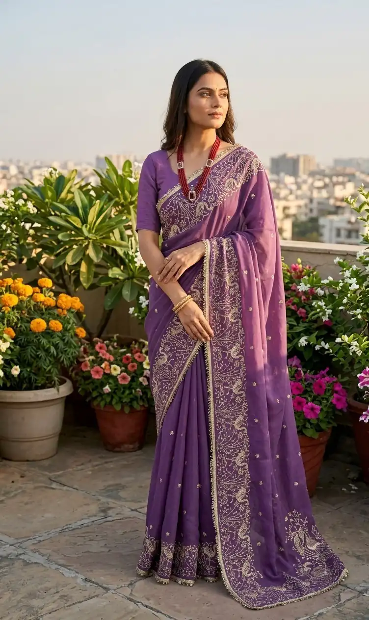 BT 446 Lavender Star Georgette Saree with Lace Work & Embroidery Work. Festive Deal ₹1799. Delivery 4-6 Working Days. Shop now. | Sarees, Bollywood Sarees, Creative Sarees, Designer Sarees, Embroidered Sarees, Ethnic Saree, Modern Digital sarees, Party Wear Sarees