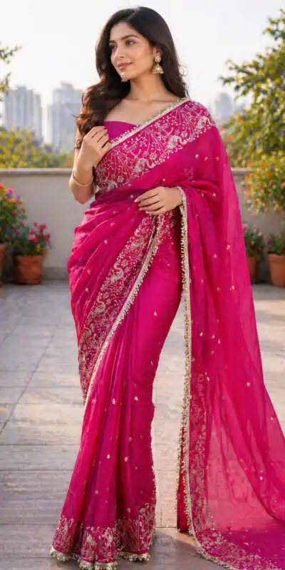 BT 446 Pink Star Georgette Saree with Lace Work & Embroidery Work. Festive Deal ₹1799. Delivery 4-6 Working Days. Shop now. | Sarees, Bollywood Sarees, Creative Sarees, Designer Sarees, Embroidered Sarees, Ethnic Saree, Modern Digital sarees, Party Wear Sarees