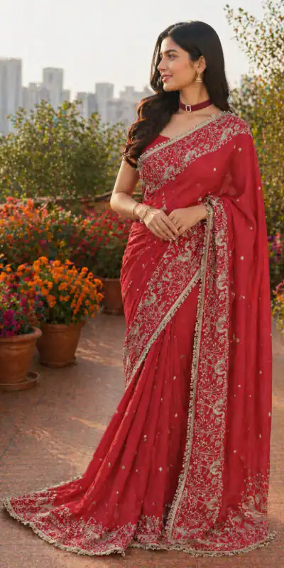BT 446 Red Star Georgette Saree with Lace Work & Embroidery Work. Festive Deal ₹1799. Delivery 4-6 Working Days. Shop now. | Sarees, Bollywood Sarees, Creative Sarees, Designer Sarees, Embroidered Sarees, Ethnic Saree, Modern Digital sarees, Party Wear Sarees