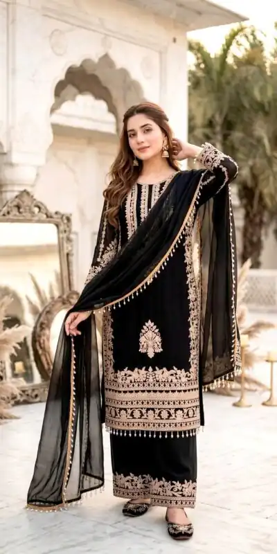 ST 247 Black | Black Faux Georgette Salwar Suit with Lace Work. Introductory Price ₹2449. Delivery 4-6 Working Days. Shop now. | Jump Suits, Salwar suit, Casual Suits, Creative suits, Designer Suits, Palazzo Suits, Party Wear Suits, Patiala Suits, Straight Suits
