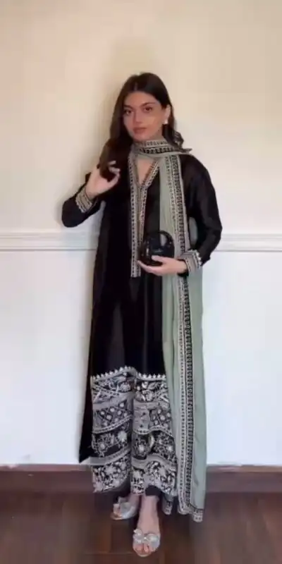 KD 1632 Black | Glass Salwar Suit with Thread Embroidery & Embroidery Work. Get it for ₹2449. Delivery 4-6 Working Days. Shop now. | Jump Suits, Salwar suit, Casual Suits, Creative suits, Designer Suits, Palazzo Suits, Party Wear Suits, Patiala Suits, Straight Suits
