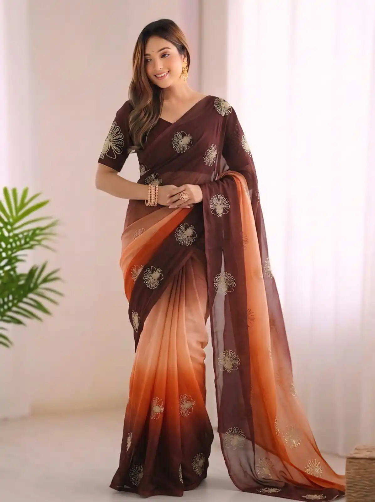 SC 1052 Brown Fendy Silk Saree Perfect for Wedding, Party, Baby Shower, Pongal, Housewarming – . Available at ₹1799 only. Delivery 4-6 Working Days. | Sarees, Bollywood Sarees, Creative Sarees, Designer Sarees, Embroidered Sarees, Ethnic Saree, Modern Digital sarees, Party Wear Sarees