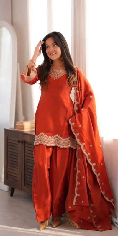 KB 307 Rust in Glass Roman Silk. Sequins Work & Embroidery Work Salwar Suit Festive Deal ₹1999. Delivery 4-6 Working Days. Shop now. | Jump Suits, Salwar suit, Casual Suits, Creative suits, Designer Suits, Palazzo Suits, Party Wear Suits, Patiala Suits, Straight Suits
