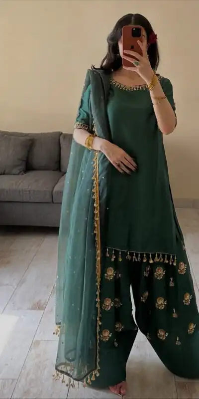 MF 535 Teal Green Aada Slab Silk Salwar Suit with Embroidery Work & Mirror Work. Festive Deal ₹2399. Delivery 4-6 Working Days. Shop now. | Jump Suits, Salwar suit, Casual Suits, Creative suits, Designer Suits, Palazzo Suits, Party Wear Suits, Patiala Suits, Straight Suits