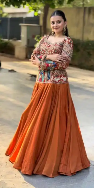 PC 579 Orange Chinon silk Lehenga Choli with Sequins Work & Embroidery Work. Now at just ₹2749. Delivery 4-6 Working Days. Shop now. | Lehenga, Bollywood Lehenga, Creative Lehenga, Designer Lehenga, Embroidered Lehenga, Party Wear Lehenga