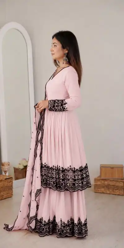 SP 71 Pink Faux Georgette Salwar Suit with Embroidery Work. Available at ₹2499 only. Delivery 4-6 Working Days. Shop now. | Jump Suits, Salwar suit, Casual Suits, Creative suits, Designer Suits, Palazzo Suits, Party Wear Suits, Patiala Suits, Straight Suits