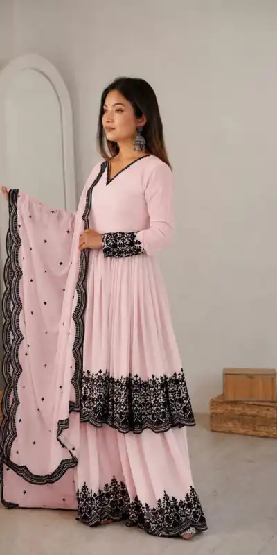 SP 71 Pink Faux Georgette Salwar Suit with Embroidery Work. Available at ₹2499 only. Delivery 4-6 Working Days. Shop now. | Jump Suits, Salwar suit, Casual Suits, Creative suits, Designer Suits, Palazzo Suits, Party Wear Suits, Patiala Suits, Straight Suits