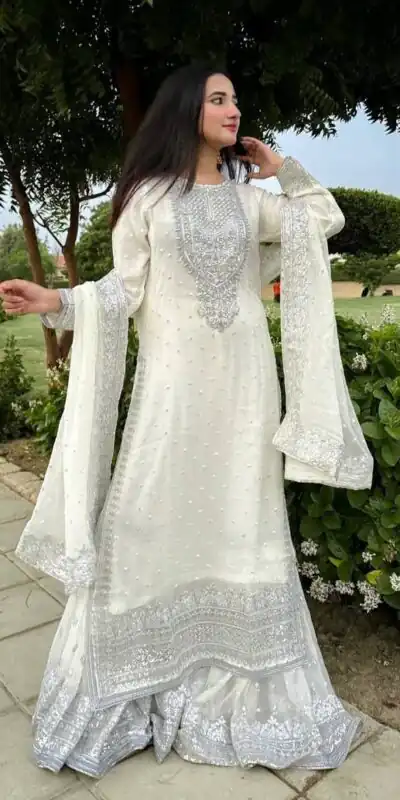 ZB 5064 White Faux Georgette Salwar Suit with Embroidery Work. Available at ₹2049 only. Delivery 4-6 Working Days. Shop now. | Jump Suits, Salwar suit, Casual Suits, Creative suits, Designer Suits, Palazzo Suits, Party Wear Suits, Patiala Suits, Straight Suits