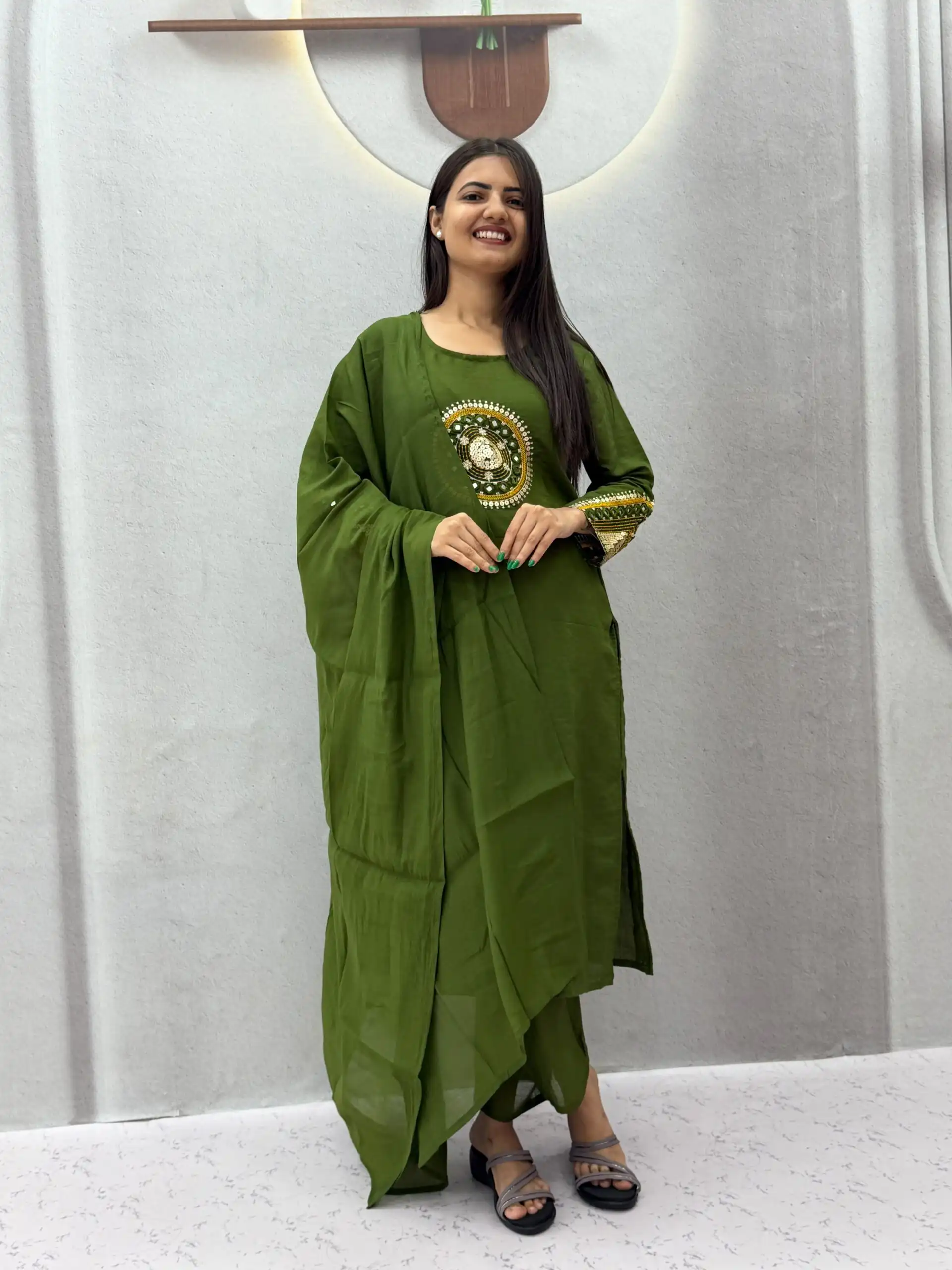 PC 598 Green Roman Silk Salwar Suit with Sequins Work & Embroidery Work. Available at ₹2099 only. Delivery 4-6 Working Days. Shop now. | Jump Suits, Salwar suit, Casual Suits, Creative suits, Designer Suits, Palazzo Suits, Party Wear Suits, Patiala Suits, Straight Suits