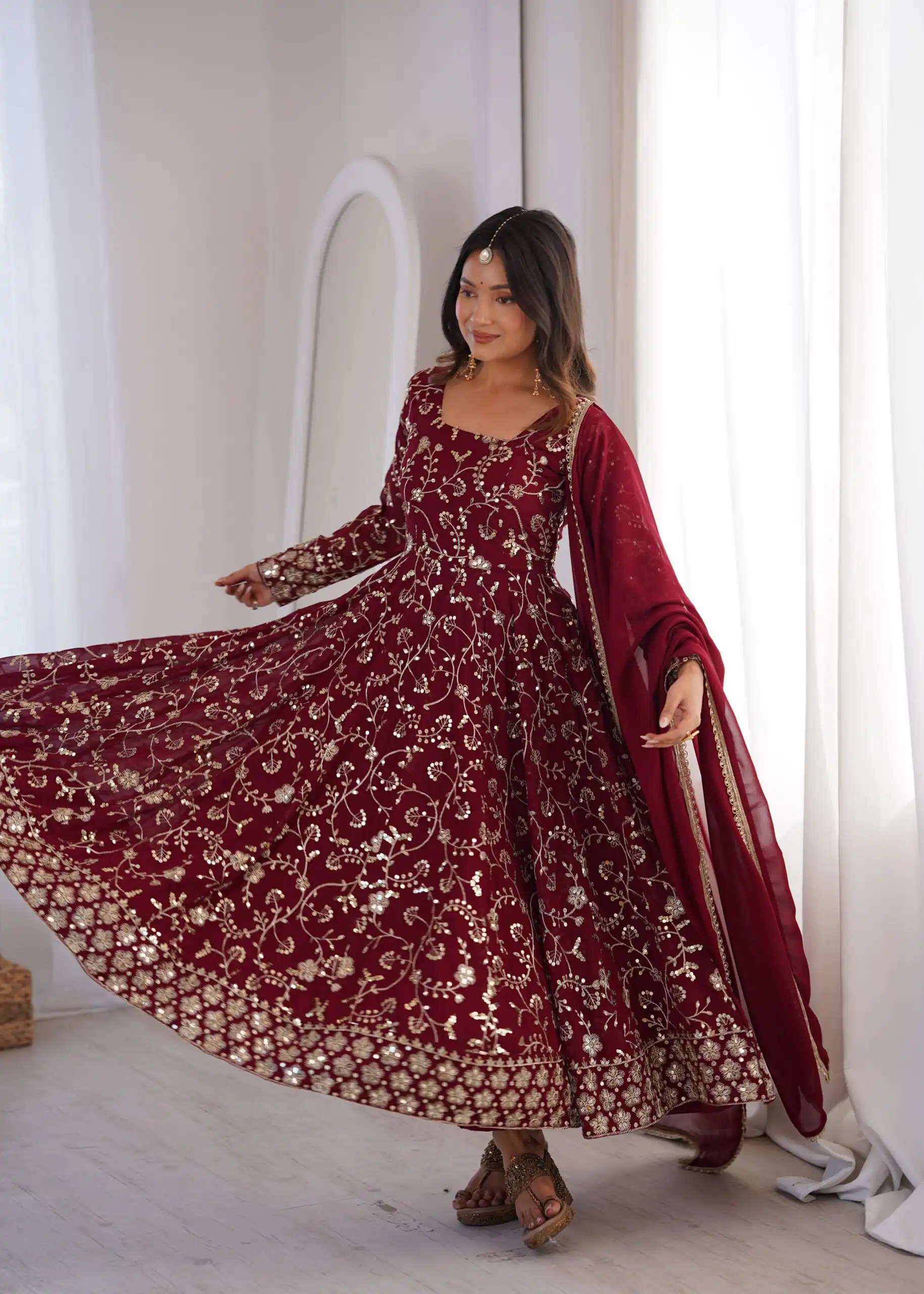 ZF 5024 Maroon Fox Perfect for Wedding, Party, Durga Puja, Diwali, Anniversary –Georgette Gown. Now at just ₹2399. Delivery 4-6 Working Days. Shop now. | Gowns, Bollywood Gowns, Creative Gowns, Designer Gowns, Embroidered Gowns, Party Wear Gowns