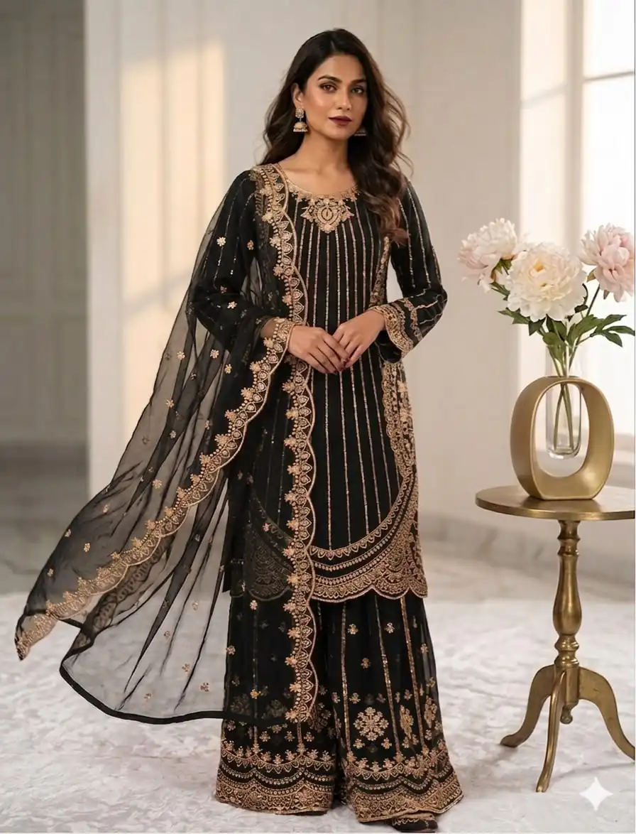 VLM 331 Black Faux Georgette Salwar Suit erfect for Wedding, Party, Mehendi, Pongal, Reception – . Available at ₹2449 only. Delivery 4-6 Working Days | Jump Suits, Salwar suit, Casual Suits, Creative suits, Designer Suits, Palazzo Suits, Party Wear Suits, Patiala Suits, Straight Suits