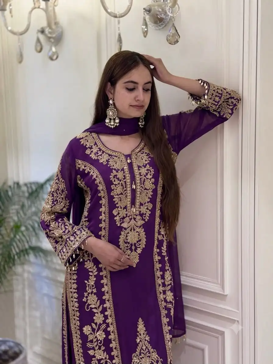 SRK 5365 Purple Faux Georgette Salwar Suit erfect for Wedding, Party, Mehendi, Pongal, Reception – . Available at ₹2449 only. Delivery 4-6 Working Days | Jump Suits, Salwar suit, Casual Suits, Creative suits, Designer Suits, Palazzo Suits, Party Wear Suits, Patiala Suits, Straight Suits
