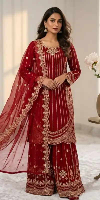 VLM 331 Red Faux Georgette Salwar Suit erfect for Wedding, Party, Mehendi, Pongal, Reception – . Available at ₹2449 only. Delivery 4-6 Working Days | Jump Suits, Salwar suit, Casual Suits, Creative suits, Designer Suits, Palazzo Suits, Party Wear Suits, Patiala Suits, Straight Suits
