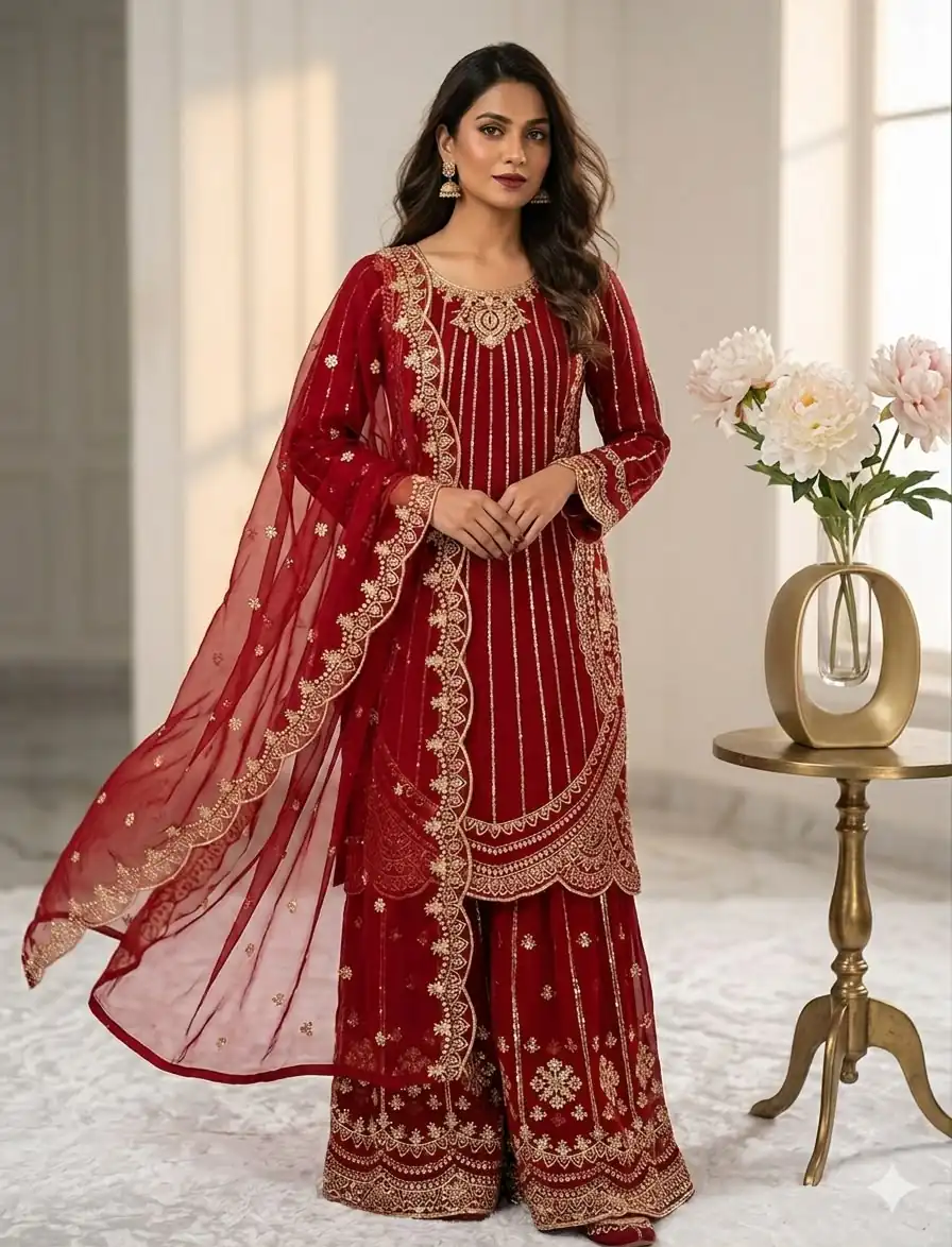 VLM 331 Red Faux Georgette Salwar Suit erfect for Wedding, Party, Mehendi, Pongal, Reception – . Available at ₹2449 only. Delivery 4-6 Working Days | Jump Suits, Salwar suit, Casual Suits, Creative suits, Designer Suits, Palazzo Suits, Party Wear Suits, Patiala Suits, Straight Suits