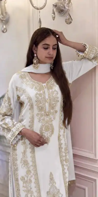 SRK 5365 White Faux Georgette Salwar Suit erfect for Wedding, Party, Mehendi, Pongal, Reception – . Available at ₹2449 only. Delivery 4-6 Working Days | Jump Suits, Salwar suit, Casual Suits, Creative suits, Designer Suits, Palazzo Suits, Party Wear Suits, Patiala Suits, Straight Suits
