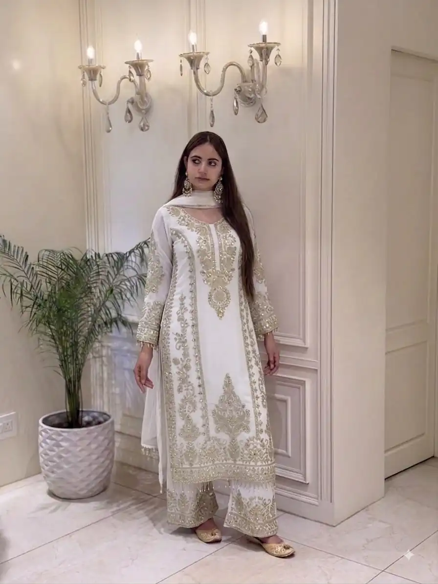 SRK 5365 White Faux Georgette Salwar Suit erfect for Wedding, Party, Mehendi, Pongal, Reception – . Available at ₹2449 only. Delivery 4-6 Working Days | Jump Suits, Salwar suit, Casual Suits, Creative suits, Designer Suits, Palazzo Suits, Party Wear Suits, Patiala Suits, Straight Suits