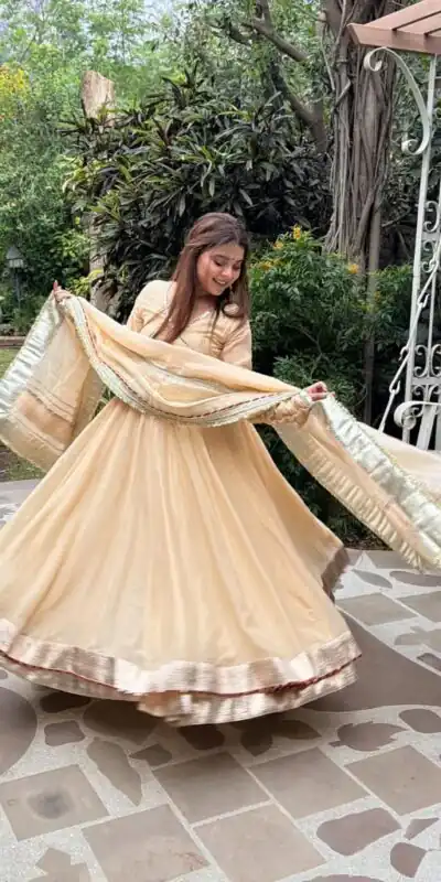 RTC 6048 Cream Tabby Organza Silk Gown with Hand Work & Mirror Work. Special Price ₹2549. Delivery 4-6 Working Days. Shop now. | Gowns, Bollywood Gowns, Creative Gowns, Designer Gowns, Embroidered Gowns, Party Wear Gowns