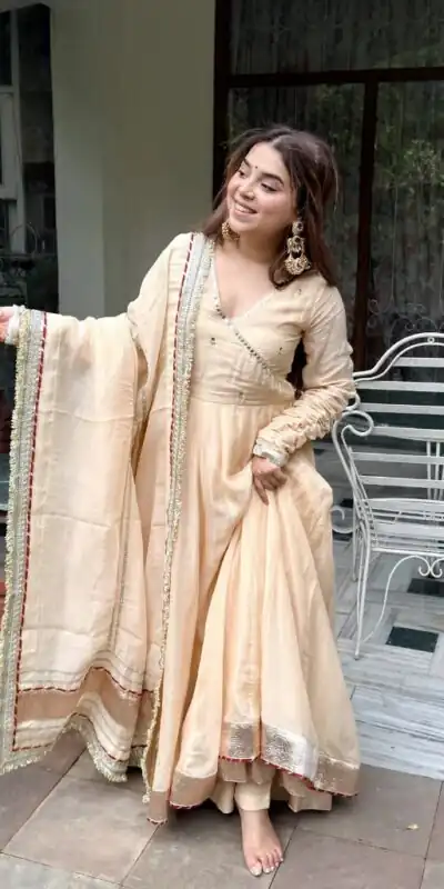 RTC 6048 Cream Tabby Organza Silk Gown with Hand Work & Mirror Work. Special Price ₹2549. Delivery 4-6 Working Days. Shop now. | Gowns, Bollywood Gowns, Creative Gowns, Designer Gowns, Embroidered Gowns, Party Wear Gowns
