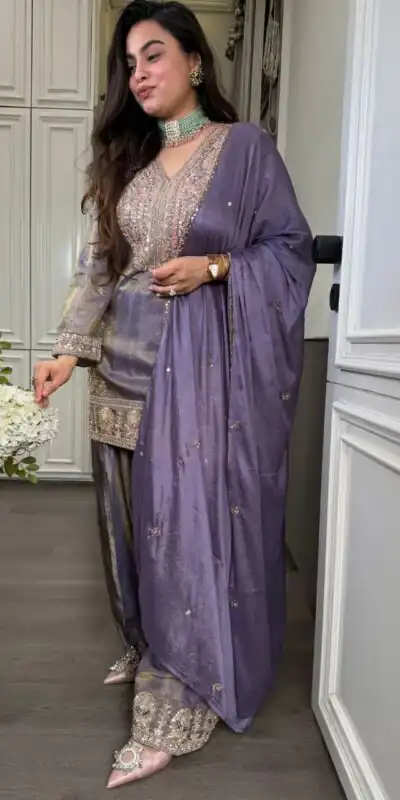 SRK 5367 Lavender Embroidery Work & Sequins Work Salwar Suit in Peach Ronald Silk. Get it for ₹2349. Delivery 4-6 Working Days. Shop now. | Jump Suits, Salwar suit, Casual Suits, Creative suits, Designer Suits, Palazzo Suits, Party Wear Suits, Patiala Suits, Straight Suits