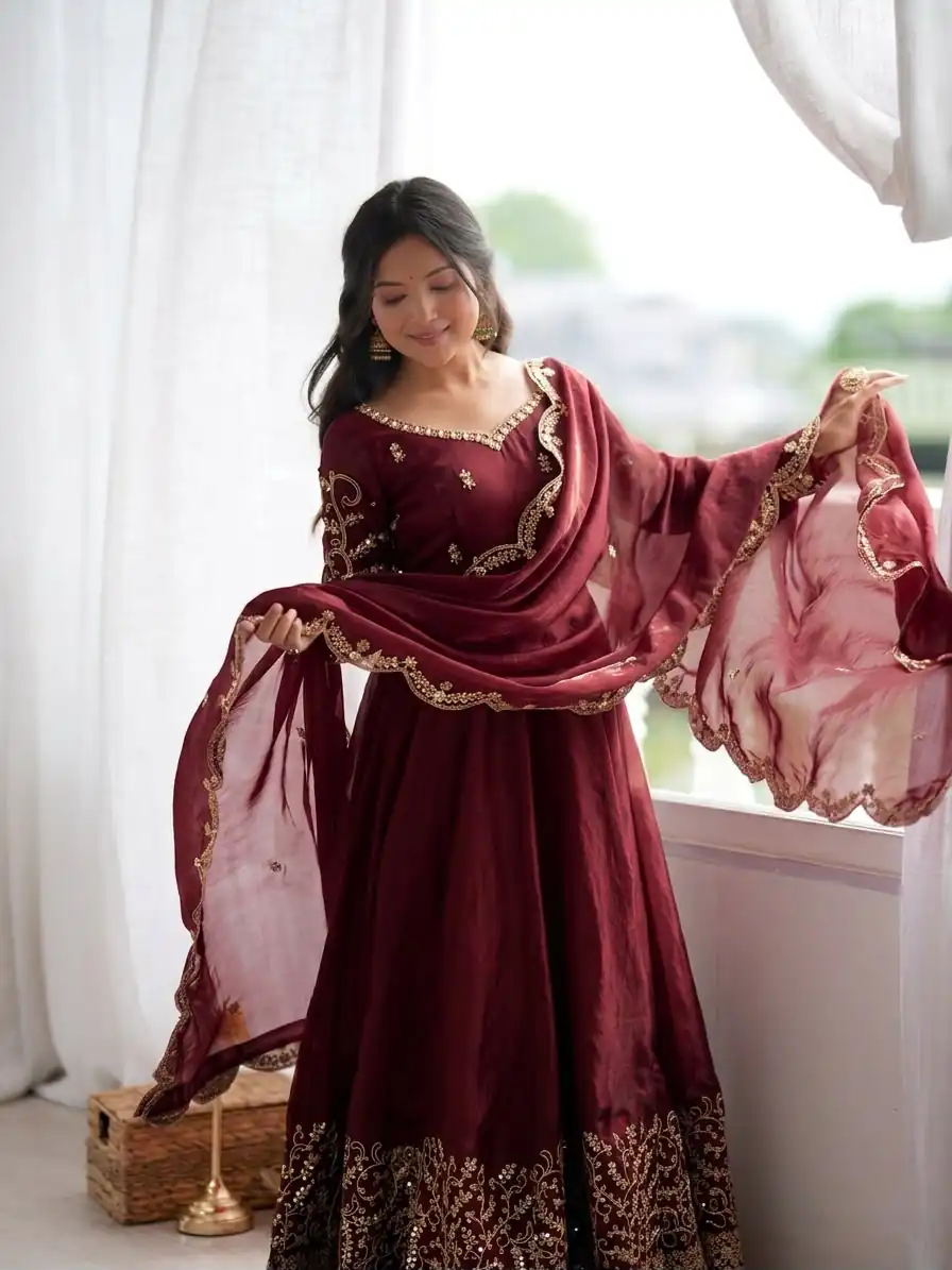 ZSR 3185 Maroon Fendy Silk Gown with Embroidery Work & Sequins Work. Special Price ₹2399. Delivery 4-6 Working Days. Shop now. | Gowns, Bollywood Gowns, Creative Gowns, Designer Gowns, Embroidered Gowns, Party Wear Gowns