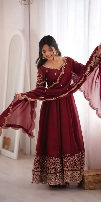 ZSR 3185 Maroon Fendy Silk Gown with Embroidery Work & Sequins Work. Special Price ₹2399. Delivery 4-6 Working Days. Shop now. | Gowns, Bollywood Gowns, Creative Gowns, Designer Gowns, Embroidered Gowns, Party Wear Gowns