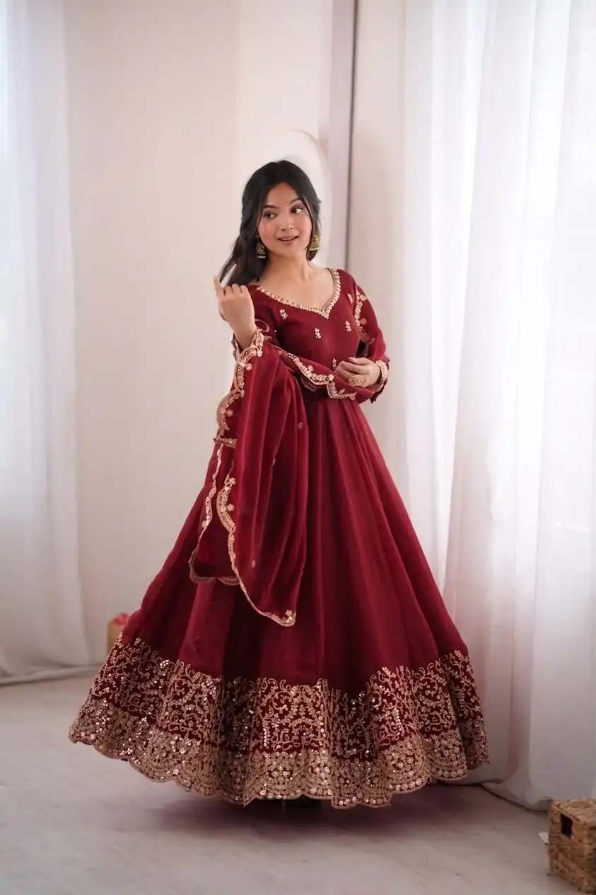 ZSR 3185 Maroon Fendy Silk Gown with Embroidery Work & Sequins Work. Special Price ₹2399. Delivery 4-6 Working Days. Shop now. | Gowns, Bollywood Gowns, Creative Gowns, Designer Gowns, Embroidered Gowns, Party Wear Gowns